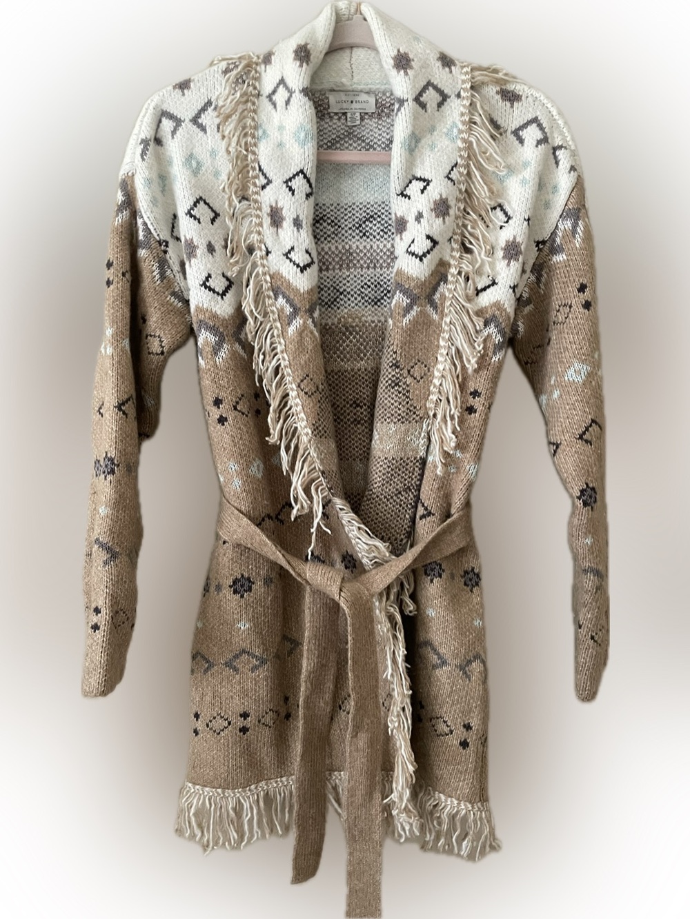 Lucky Brand Southwestern Aztec shawl fringe trim, removable self-tie belt. Sz S